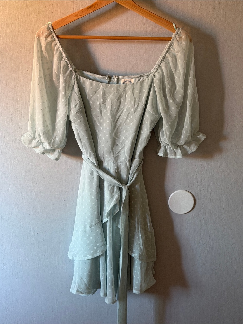Blue Rain Off-Shoulder Mint Green Swiss Dot Mini Dress